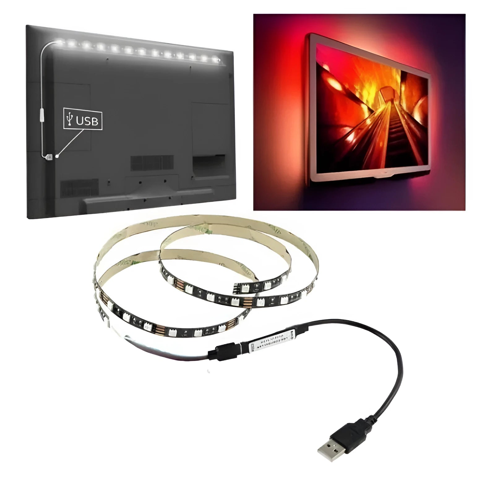White USB-powered LED light strip with SMD5050 LEDs, 1 metre long with 50cm cable.
