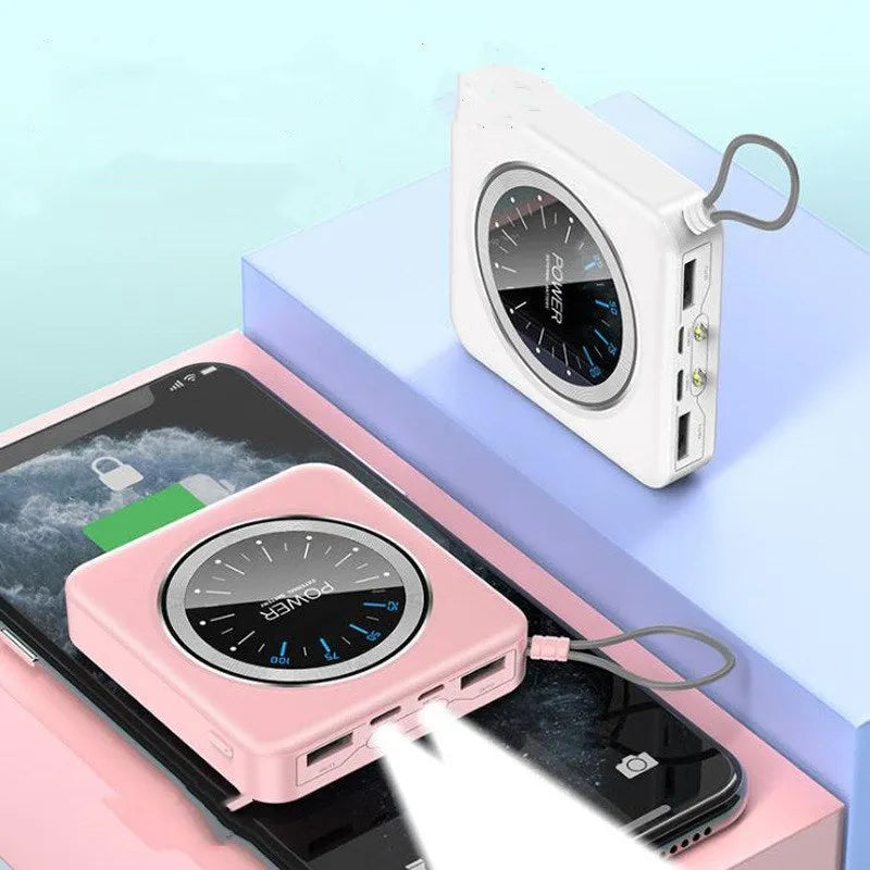 Mini clock charger power bank with digital display in alloy case showing multi-USB ports
