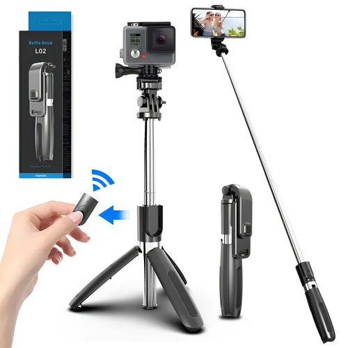 Black and white Bluetooth selfie stick with wireless remote, shown extended next to its compact tripod base.