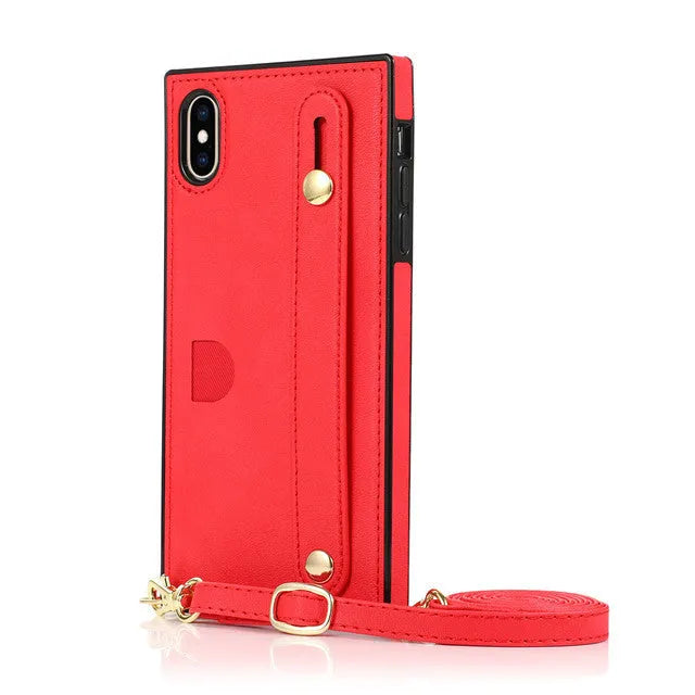 Leather iPhone case with a wristband strap and card slot, shown in multiple colours.