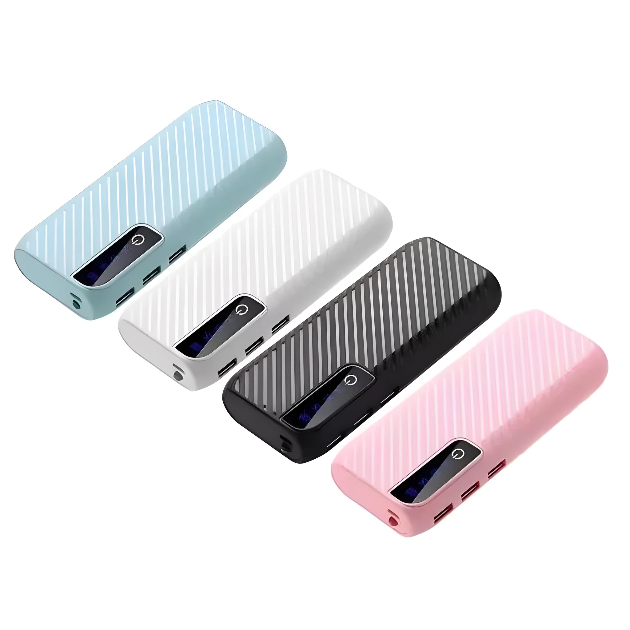 Black 20000mAh mini portable power bank showing USB ports, with dimensions 142mm x 64mm x 23mm.