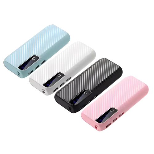 Black 20000mAh mini portable power bank showing USB ports, with dimensions 142mm x 64mm x 23mm.