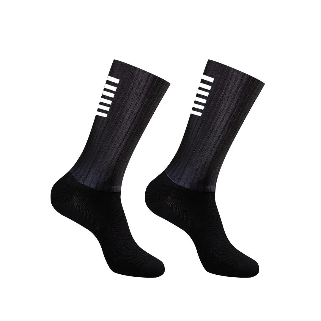 A pair of breathable athletic cycling socks in a chemical fibre blend, shown in one of six available colours.