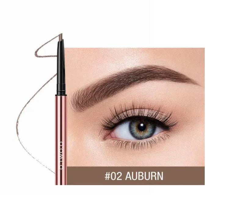 Eyebrow makeup pencil in colour box with six shade options including Auburn and Taupe.