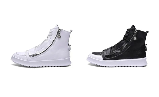 Men's black PU leather ankle boots with high-top sneaker design and microfiber upper