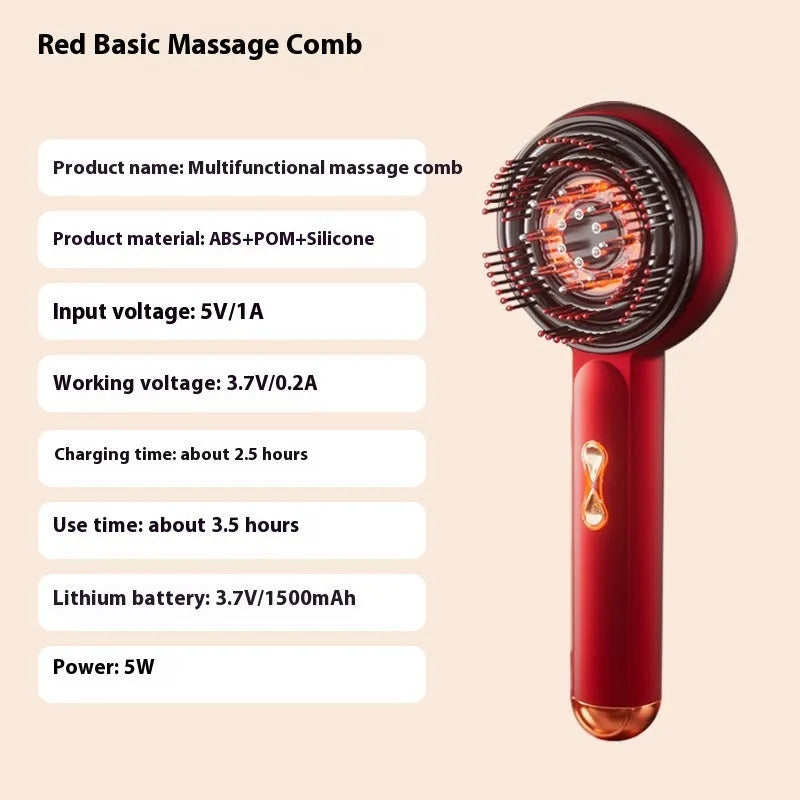 Rechargeable red and blue LED scalp massage hair comb with Type-C charging port