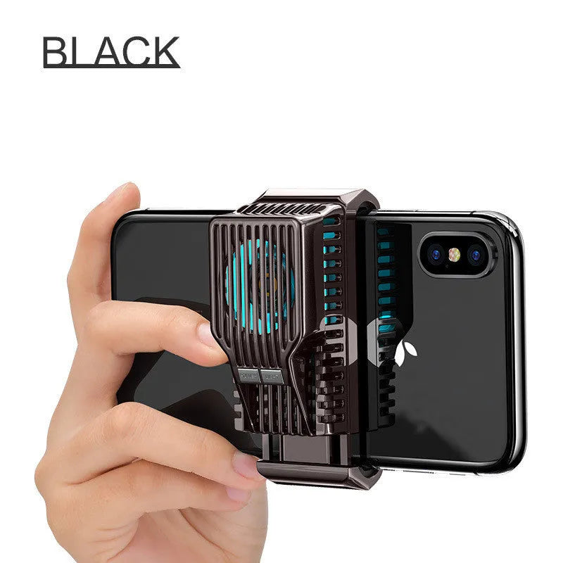 Black mobile phone radiator with clip, attached to a smartphone showing its aluminium alloy and ceramic construction.
