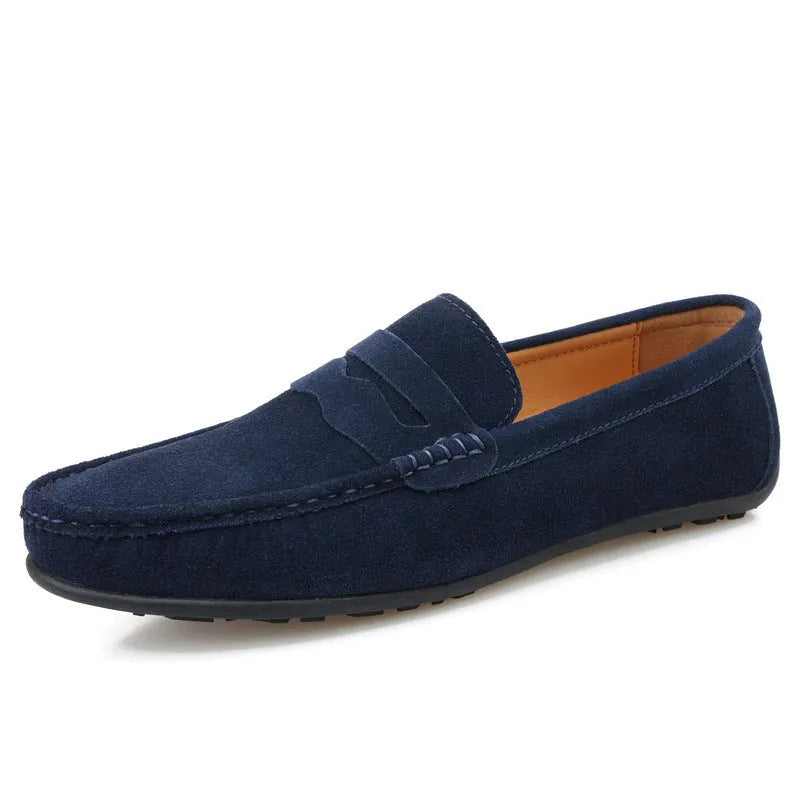 Men's suede leather slip-on loafers in various colours with a flat rubber sole and round toe