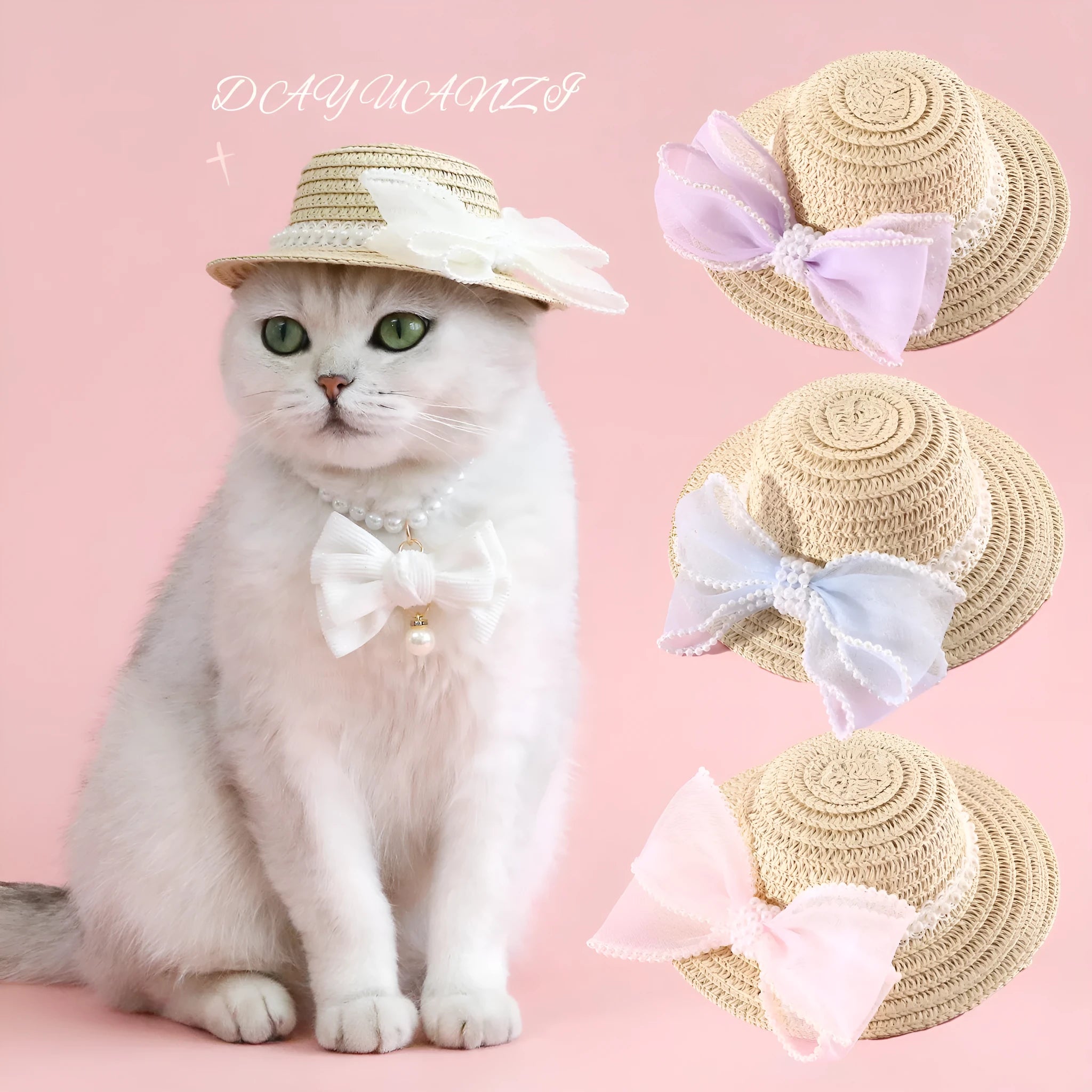 Princess-style cat hat with decorative pearl butterfly bow, woven from Lafite leaves.