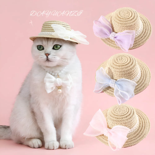 Princess-style cat hat with decorative pearl butterfly bow, woven from Lafite leaves.