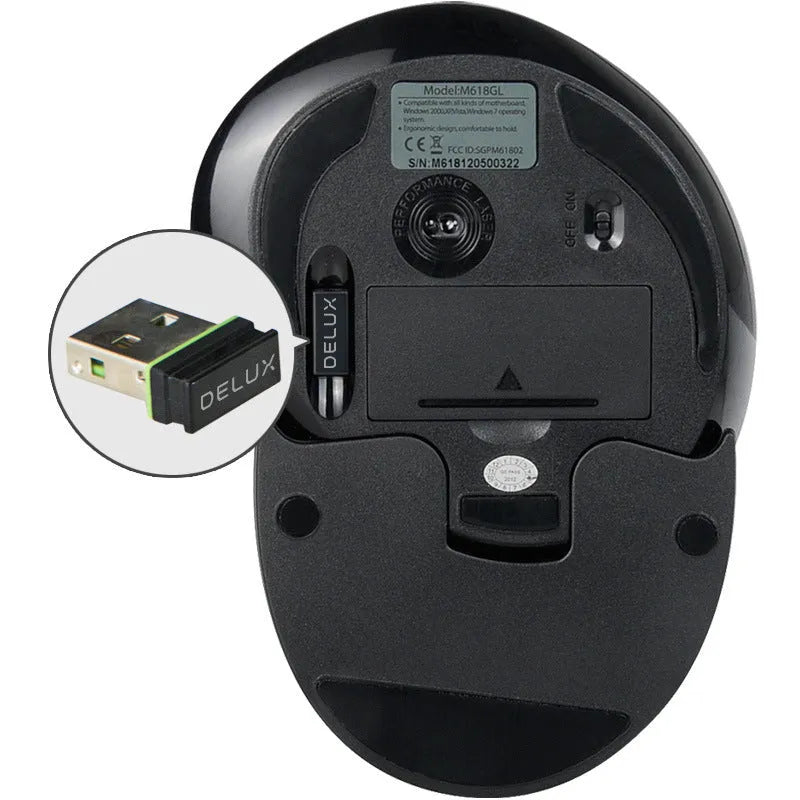 M 618 black and white wireless vertical ergonomic computer mouse showing side profile and button layout