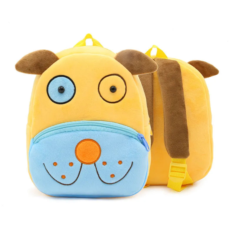 Soft plush children's backpack in cartoon animal design, shown with zipper open, dimensions 26cm by 24cm.