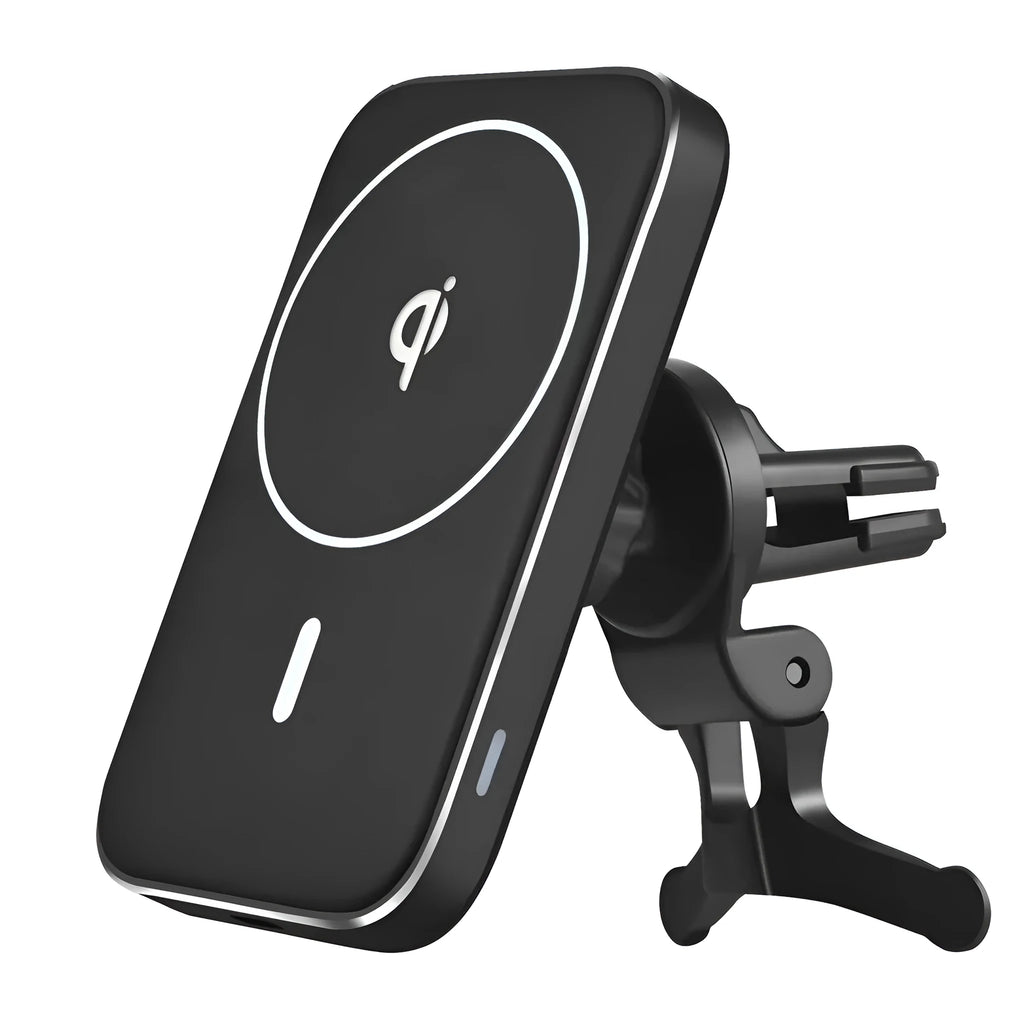 Black M6 magnetic wireless car phone charger mounted on a car air vent.