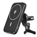 Black M6 magnetic wireless car phone charger mounted on a car air vent.
