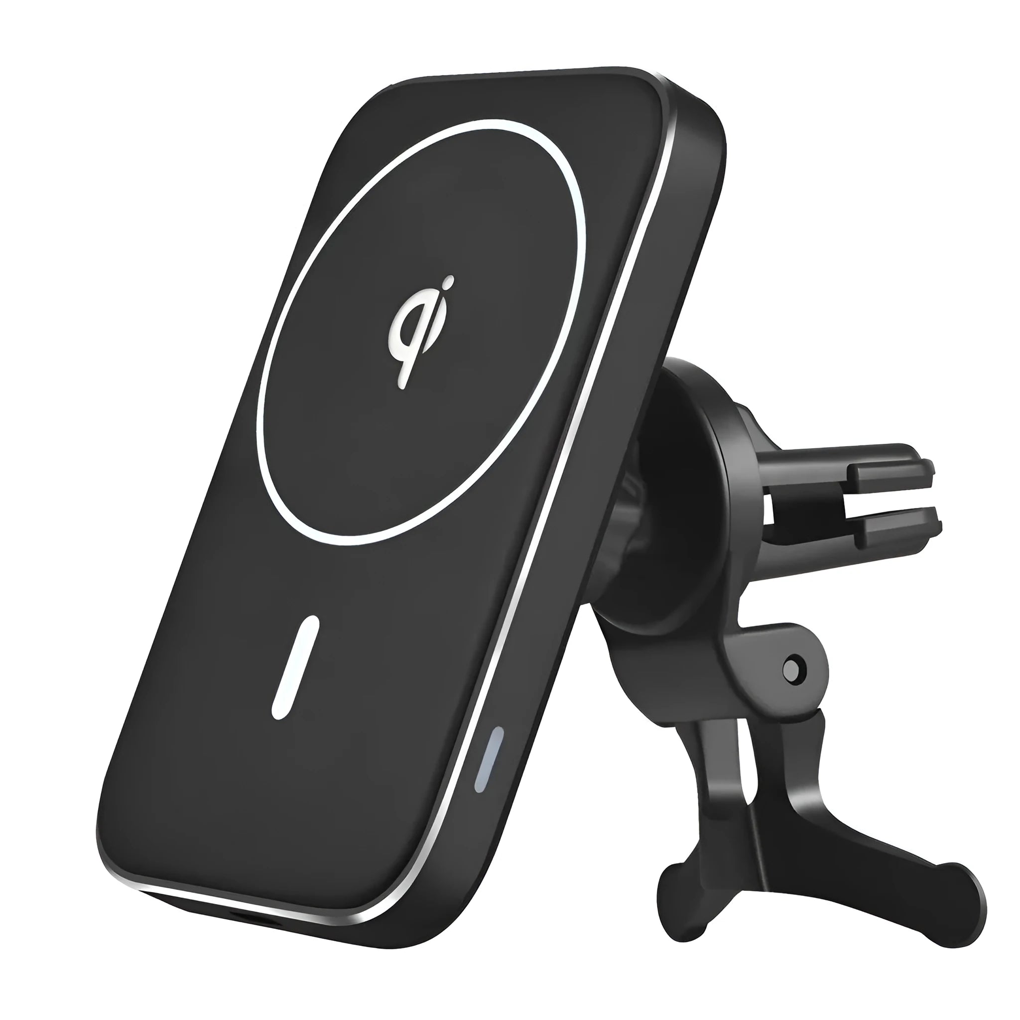 Black M6 magnetic wireless car phone charger mounted on a car air vent.