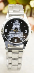 Eiffel Tower wrist watch with leather strap showing Paris landmark design on watch dial