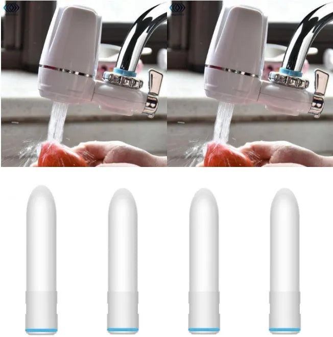 White plastic faucet-mounted water filter with ceramic cartridge and tap adapters
