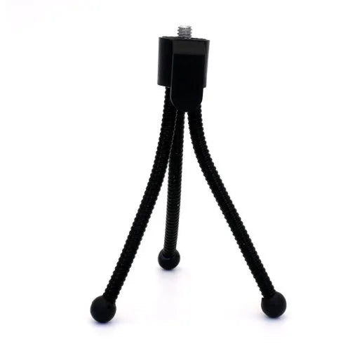 Small black iron frame desktop mini tripod with ball head, shown folded to its 110mm size.