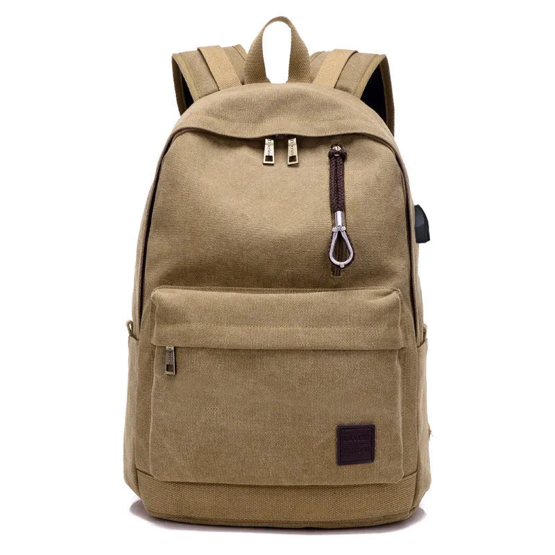Canvas backpack with USB charging port shown in khaki colour