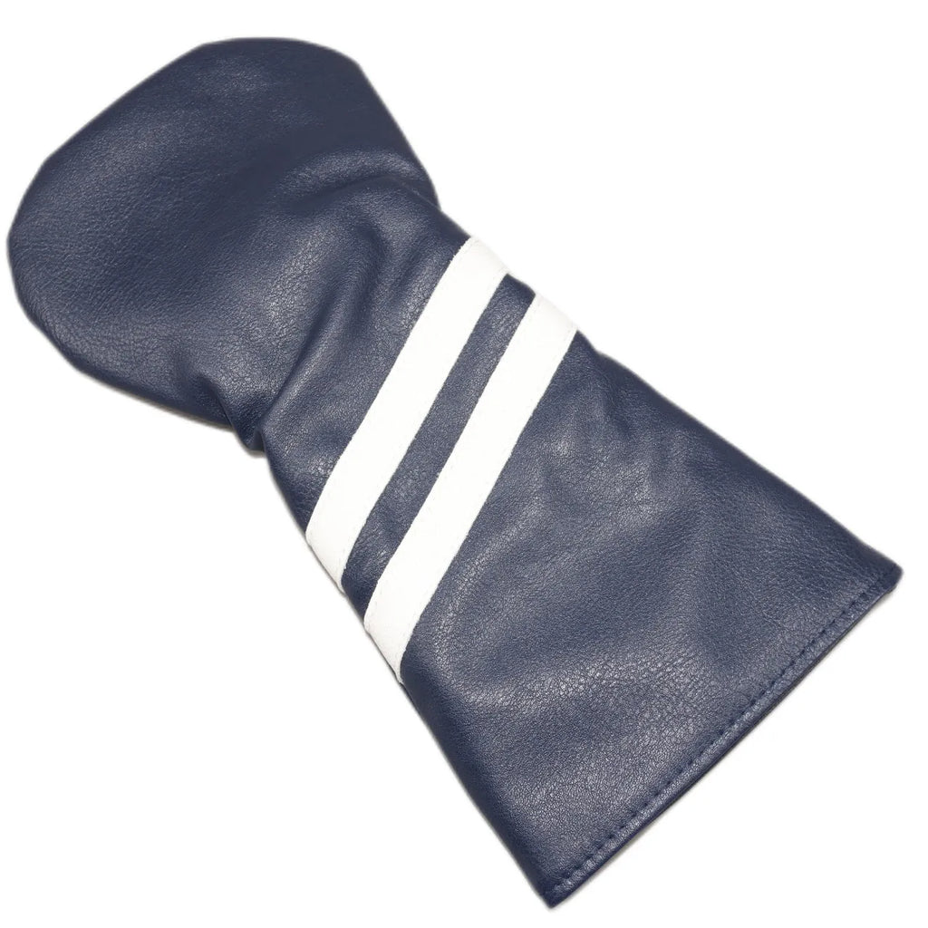 Golf wood head cover with two oblique stripes in blue, shown next to size and colour options.