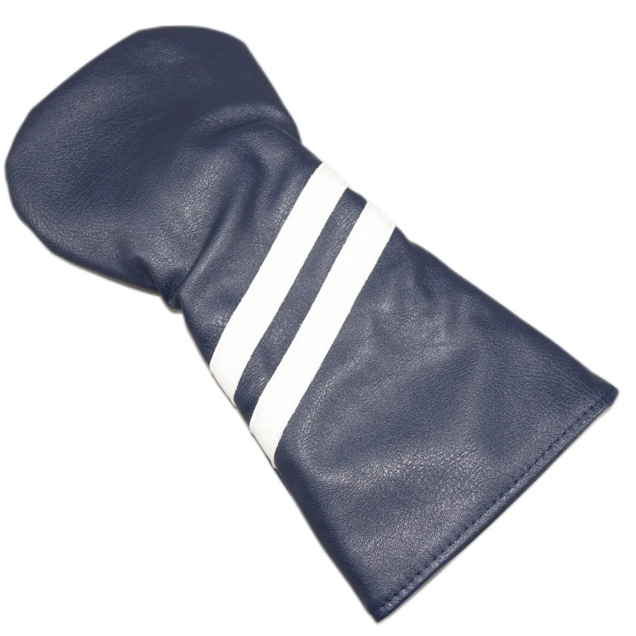 Golf wood head cover with two oblique stripes in blue, shown next to size and colour options.