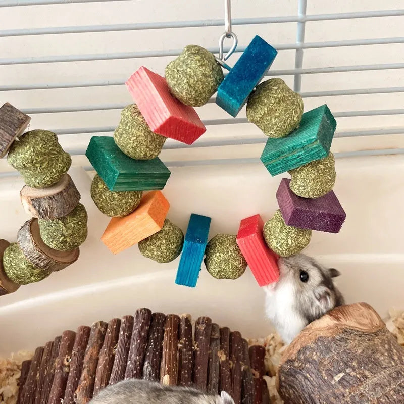 Hamster chew toy with decorative straw ball ring for small animal dental care