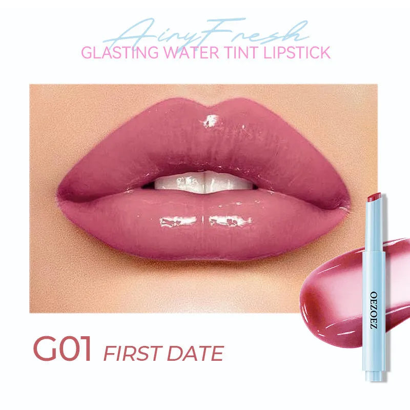 Waterproof moisturising lipstick in a case, showing one of six available colour shades.