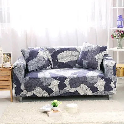 Printed stretch sofa cover with geometric pattern on three-seater sofa