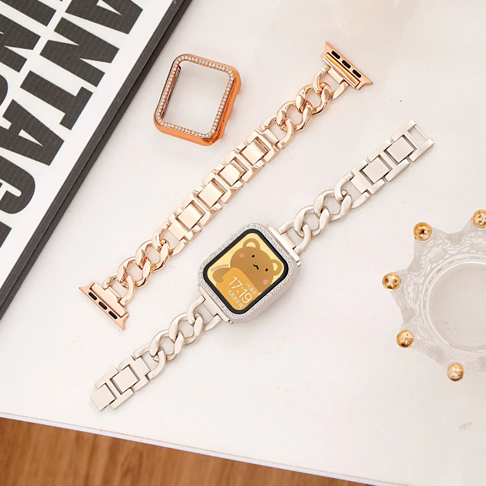 Denim chain metal Apple Watch strap in silver, black, gold, rose gold and Starlight colour options