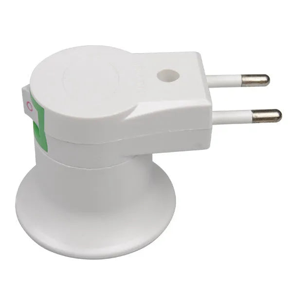 White bakelite wall plug-in E27 lamp holder with switch, showing AU, EU and US plug adapters.