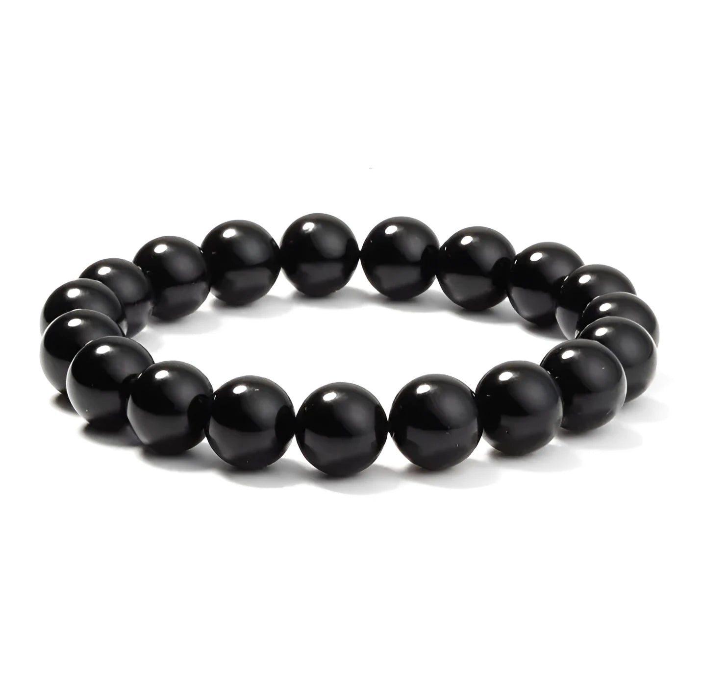 Geometric black agate stretch bracelet with 8mm beads on an elastic cord.