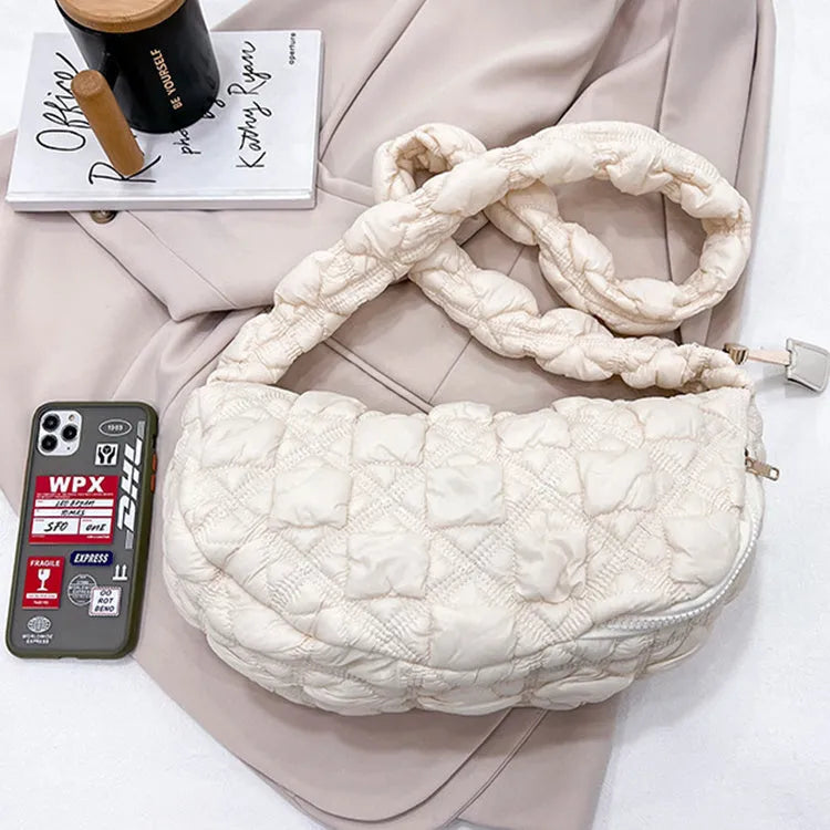 Women's nylon shoulder messenger bag in beige colour with adjustable strap