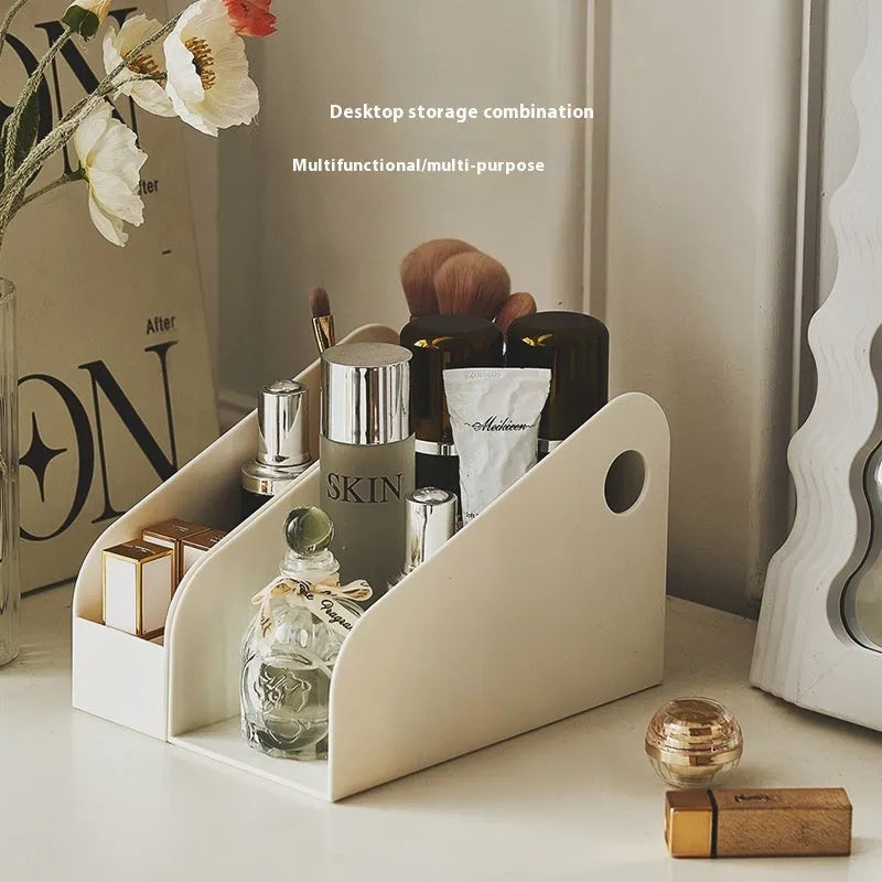 Plastic desktop storage box with 2-layer shelf organisation in milk coffee colour