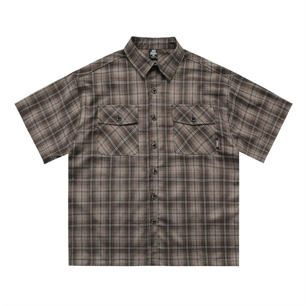 Men's black plaid short sleeve shirt with letter embroidery on the lapel collar.