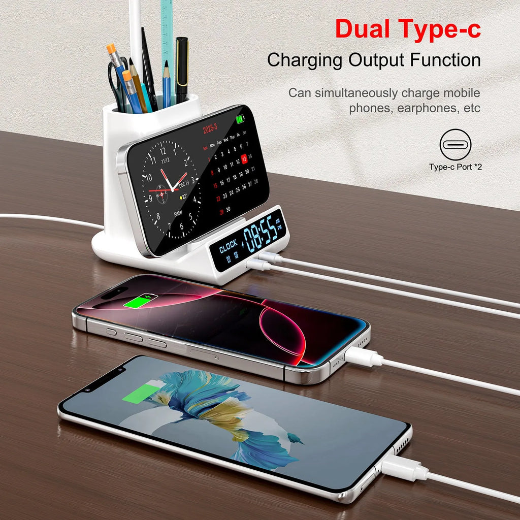 Modern desk lamp with wireless charging surface and integrated pen holder storage compartment