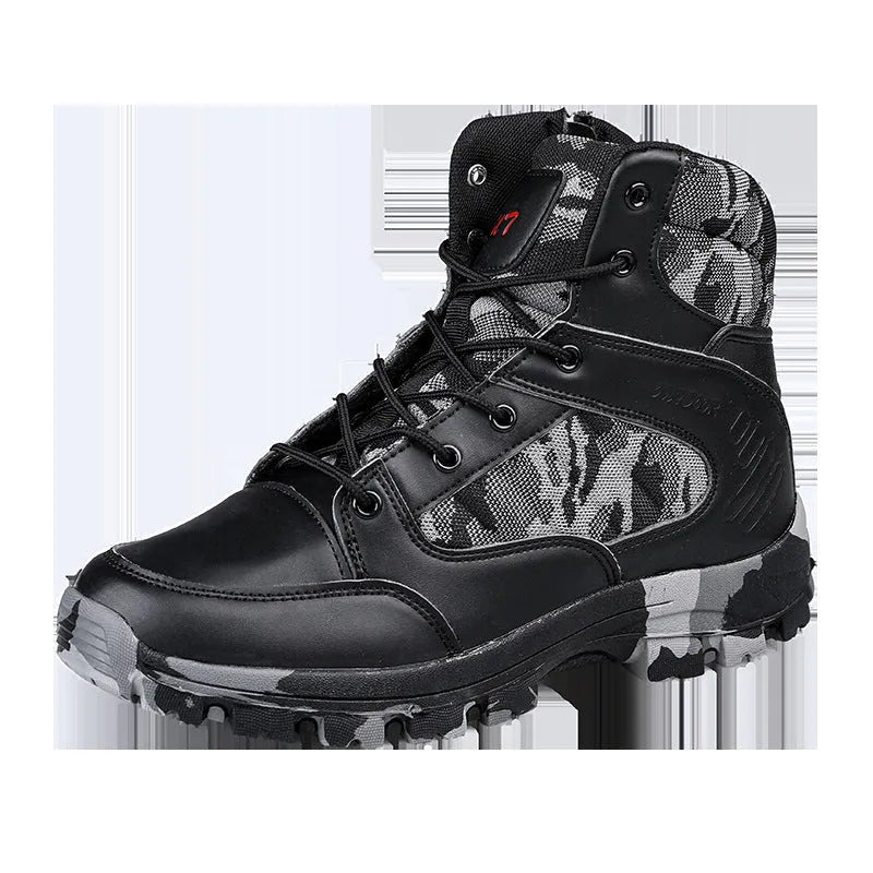 Men's black high-top hiking shoes with artificial PU upper and metal details for outdoor travel.