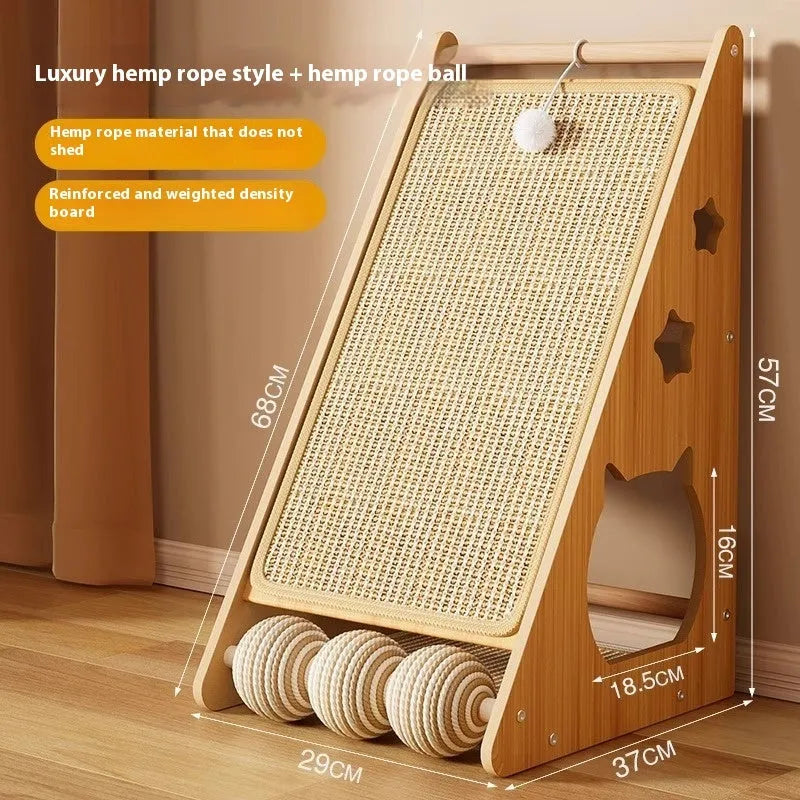 Vertical wall-mounted cat scratch board with sisal surface and cat teasing ball design