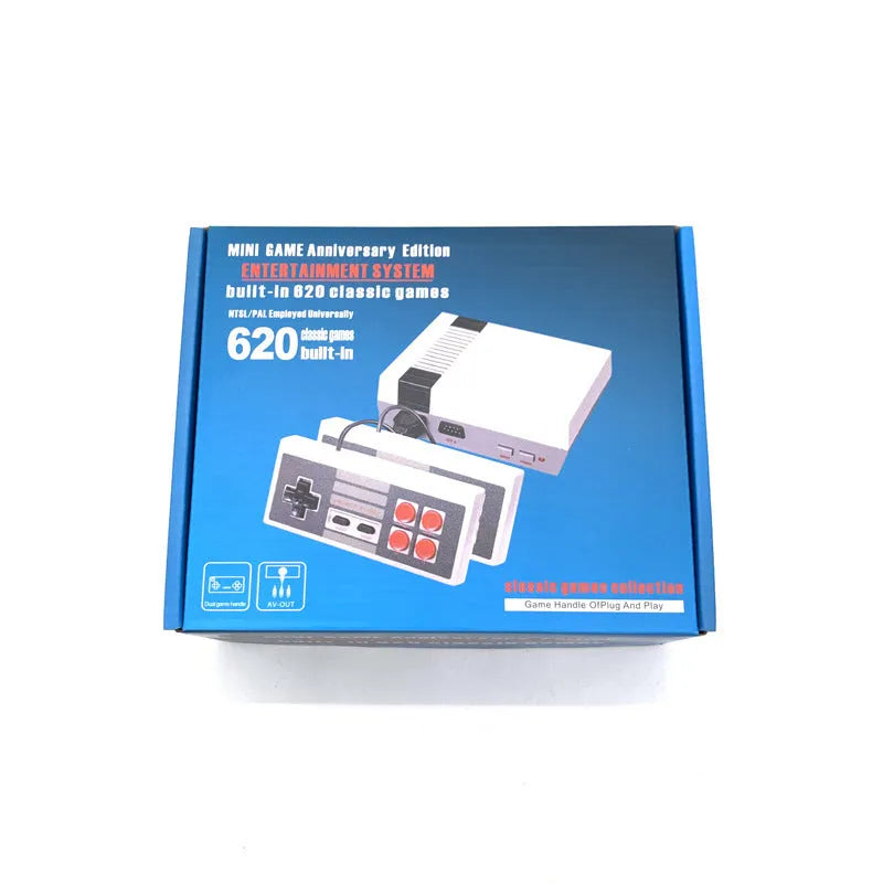 NES retro game console with two controllers showing compact design and AV connection