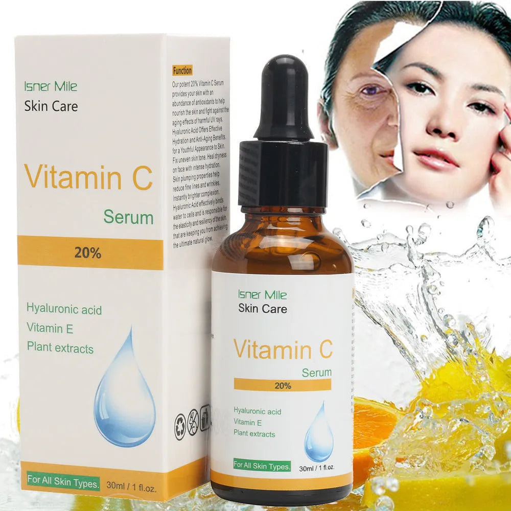 30ml glass bottle of undiluted Vitamin C facial serum essence for skin brightening.