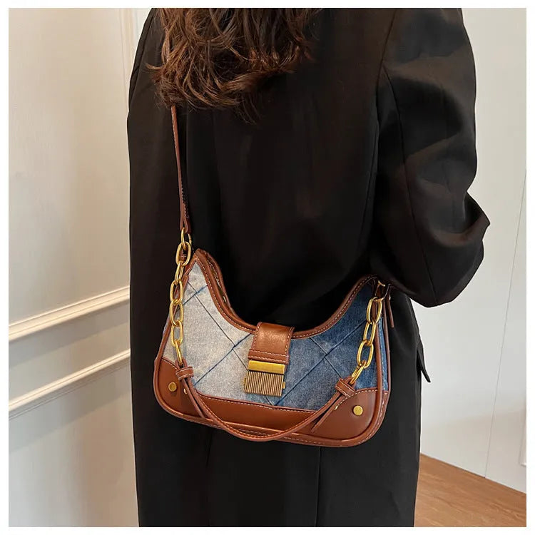 Brown denim women's shoulder bag with diamond mesh chain design and internal phone compartment