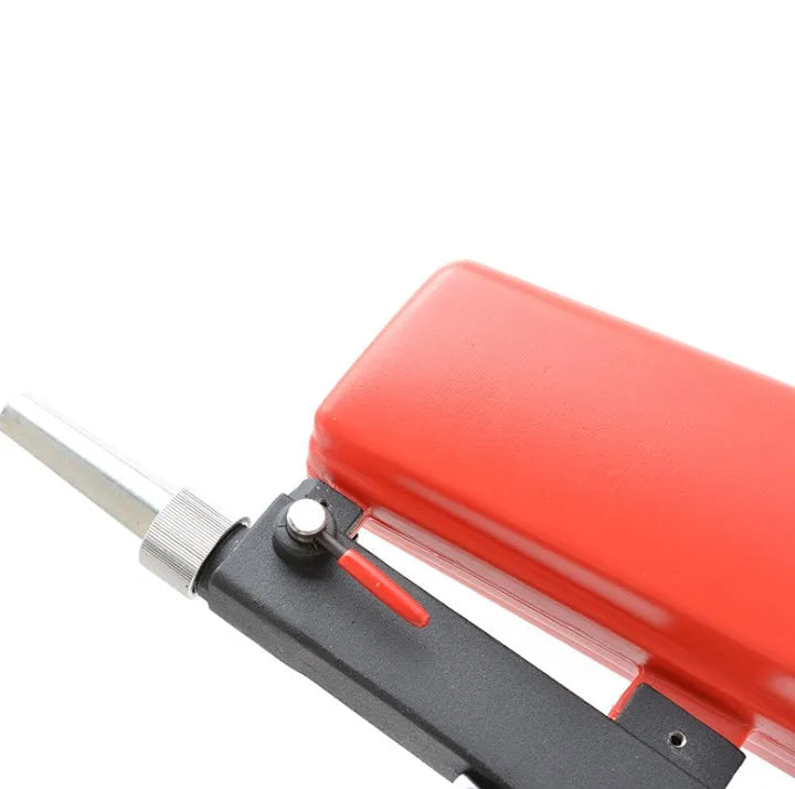 Portable black pneumatic sandblasting gun with tank and nozzle for rust removal.