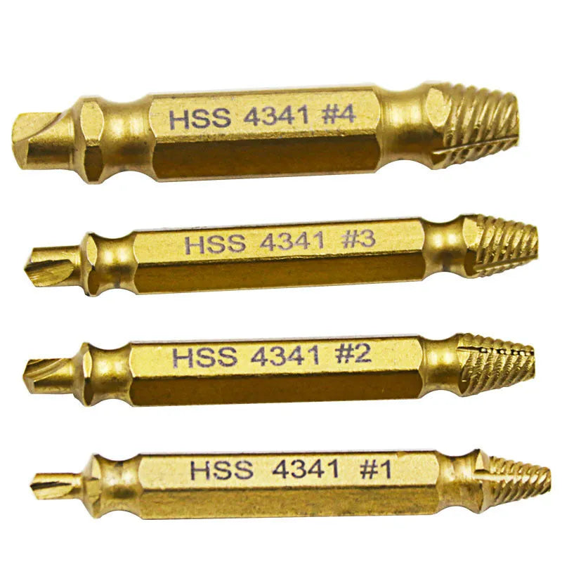 4341 high-speed steel screw extractor set with five extractors for removing stripped screws and nails
