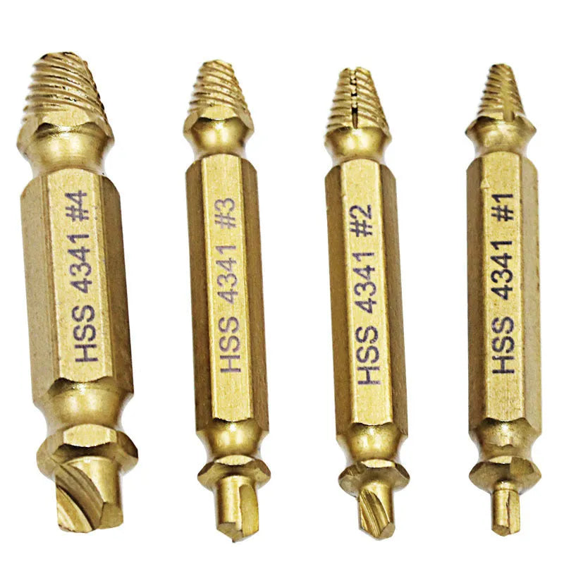 4341 high-speed steel screw extractor set with five extractors for removing stripped screws and nails