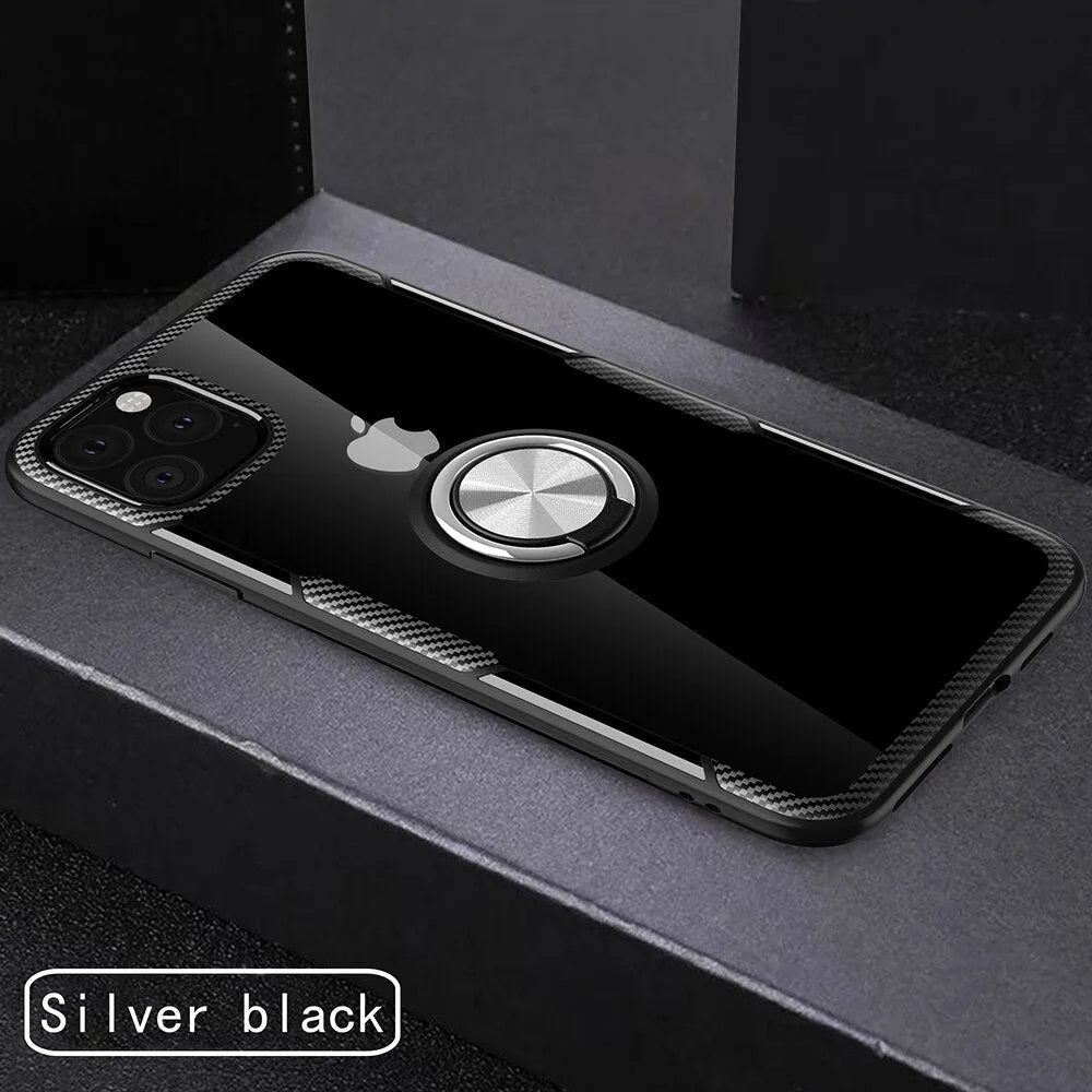 Black iPhone back cover case with a flexible, bendable holder arm extended from the back.