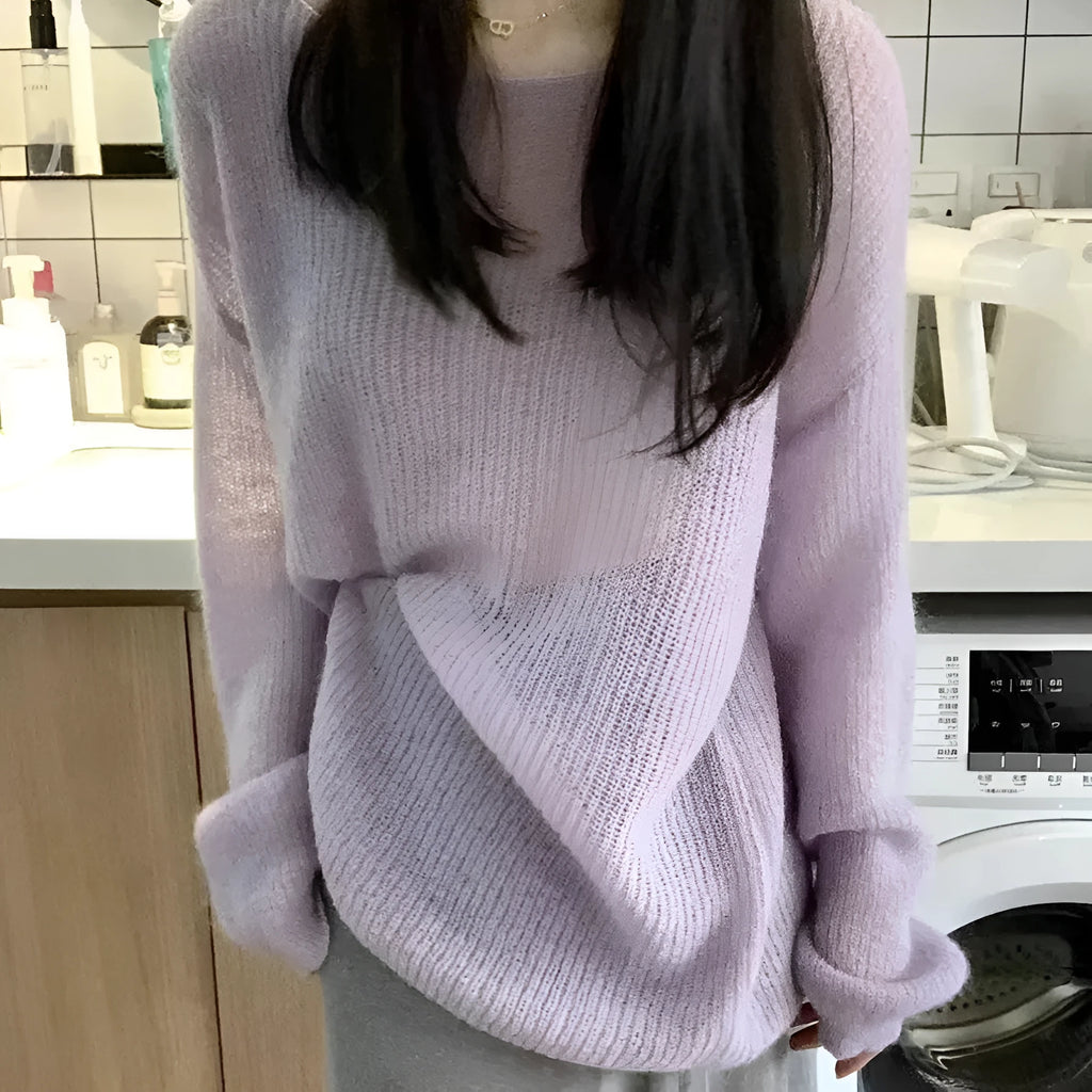 Purple women's loose hollow out blouse with princess sleeves, made from ice silk fabric.