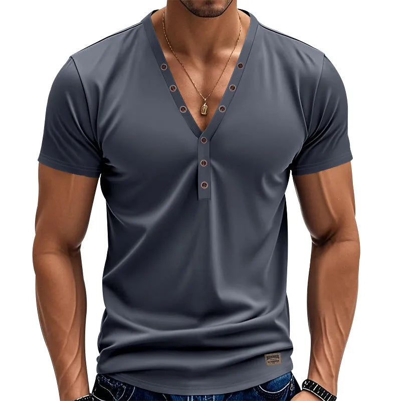 Men's loose V-neck pullover with button design in chemical fibre blend fabric