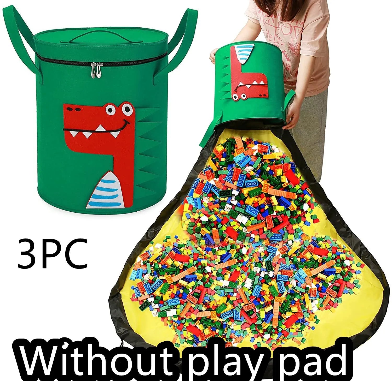 Green felt cube storage bag with pull rope shown as both toy container and play mat