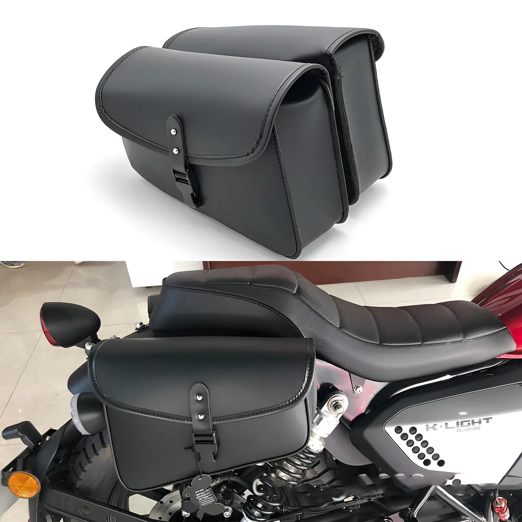 Black PU leather motorcycle swingarm bag mounted to Sportster motorcycle showing dimensions and storage capacity