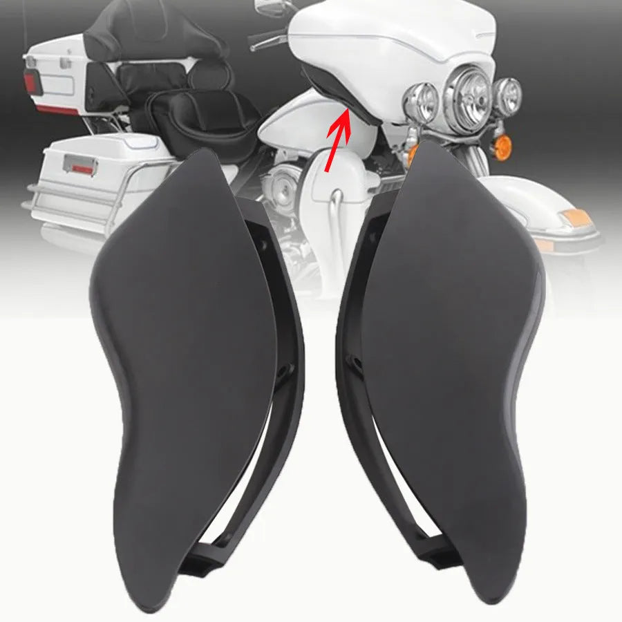 Pair of smoked ABS plastic windscreen side wings for a Harley Davidson Road Glide motorcycle.