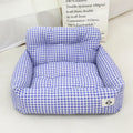 Car-mounted pet travel nest in stain-resistant cloth with grey or blue plaid options